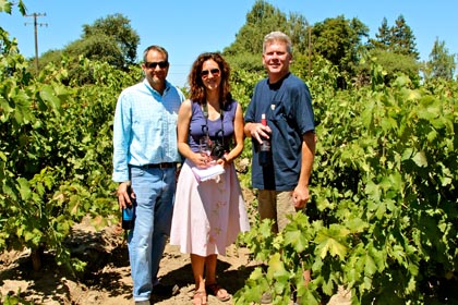 Happy California winemakers: Chad Joseph (Harney Lane, Maley Brothers, etc.) on left; Layne Montgomery (m2) on right; in Maley’s Weget Vineyard