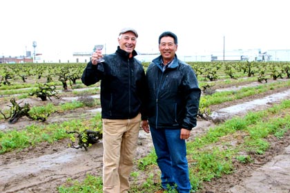 Macchia’s Tim Holdener and grower Leland Noma in Lodi Native vineyard, Noma Ranch