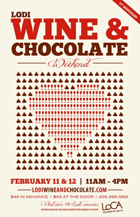 Lodi Wine & Chocolate Weekend poster with wine and chocolate icons forming a heart shape.
