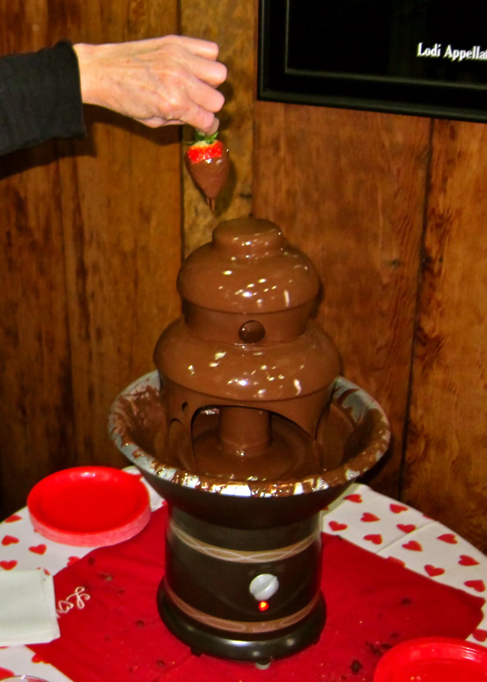 Chocolate fountain with strawberries at Lodi Winegrape Commission event, showcasing local wine and grape products.
