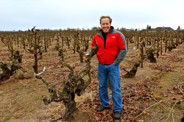 Man in red jacket standing in a vineyard of pruned winegrape vines in Lodi, California.