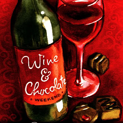 Wine and chocolate with a glass of red wine and a wine bottle on a red background.