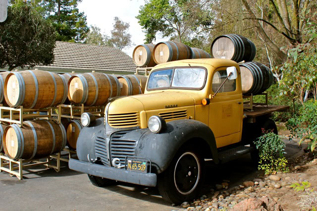 Old yellow truck with wine barrels at Lodi Winegrape Commission vineyard.