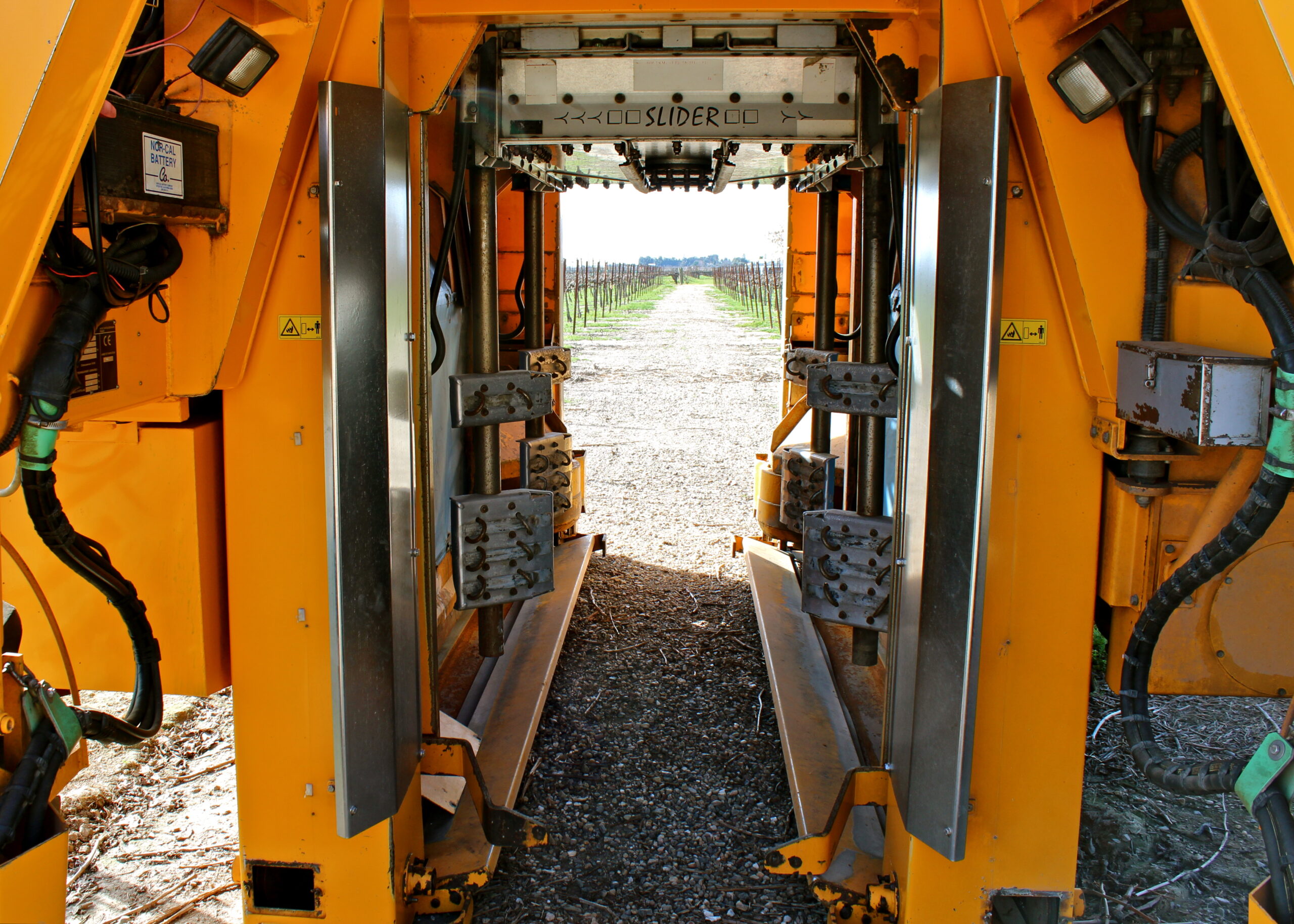 Close-up of grape harvesting machinery in a vineyard, highlighting advanced technology used in Lodi winegrape production.
