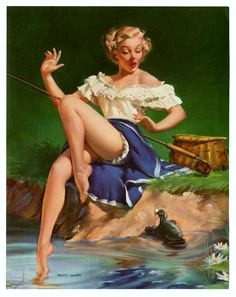 Vintage pin-up girl fishing by the water, wearing a blue dress and holding a fishing rod.