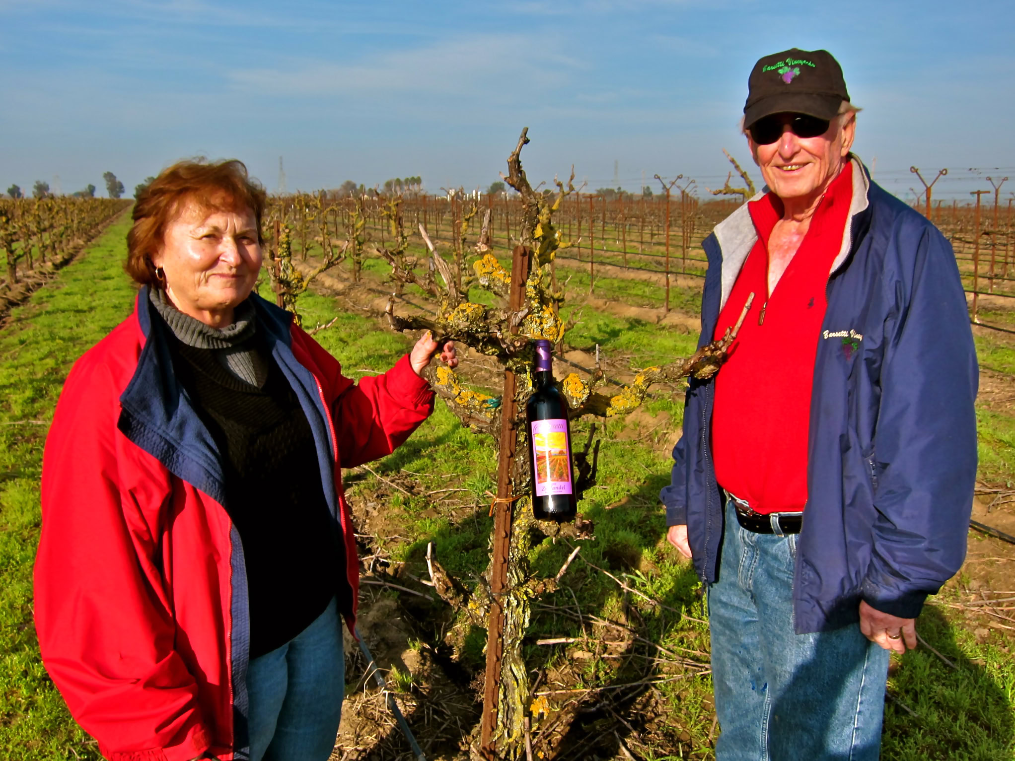 Two people in vineyard with grapevine and wine bottle, sunny day, Lodi Winegrape Commission.