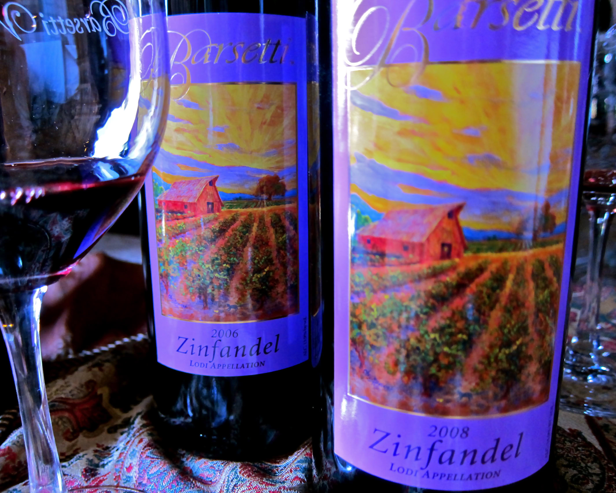 Close-up of a 2008 Lodi Zinfandel wine bottle with colorful vineyard label.