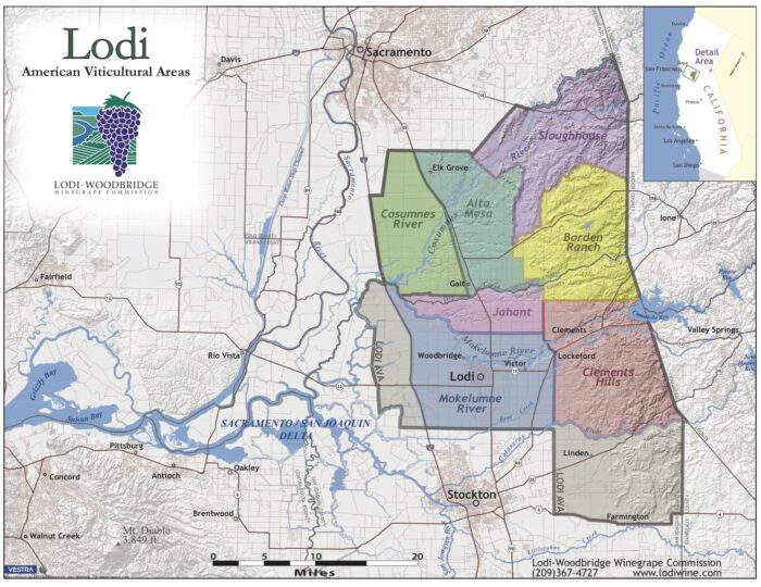 Map of Lodi American Viticultural Area showing key wine regions and rivers in California.
