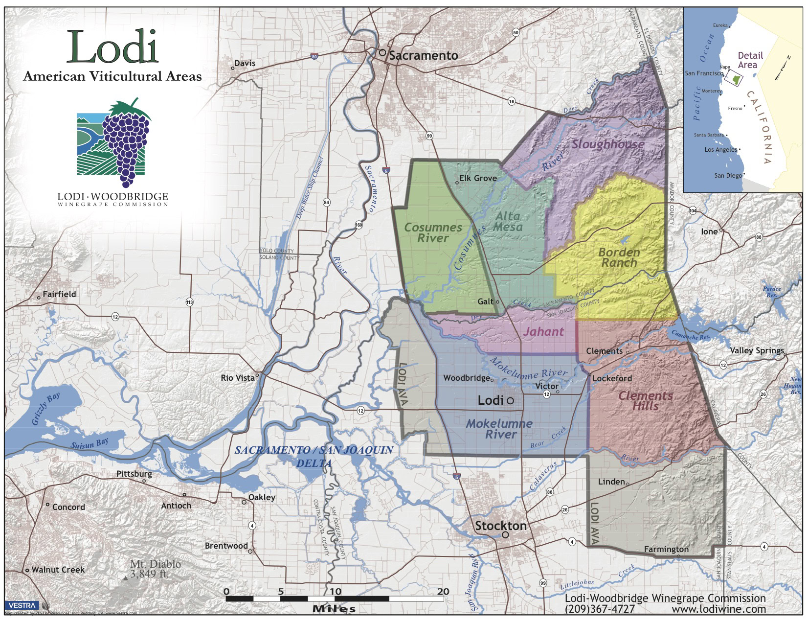 Map of Lodi American Viticultural Area showing key wine regions and rivers in California.