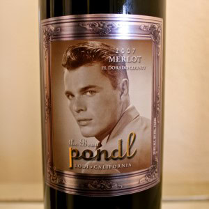 Close-up of a 2007 Merlot wine bottle from Lodi, California, with vintage and winery details visible.