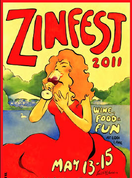 Zinfest 2011 poster featuring a woman drinking wine by the lake with food and fun activities.