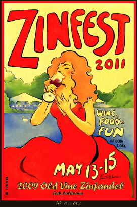 Colorful poster for Zinfest 2011 featuring a woman drinking wine, with event details and Lodi Wine logo.