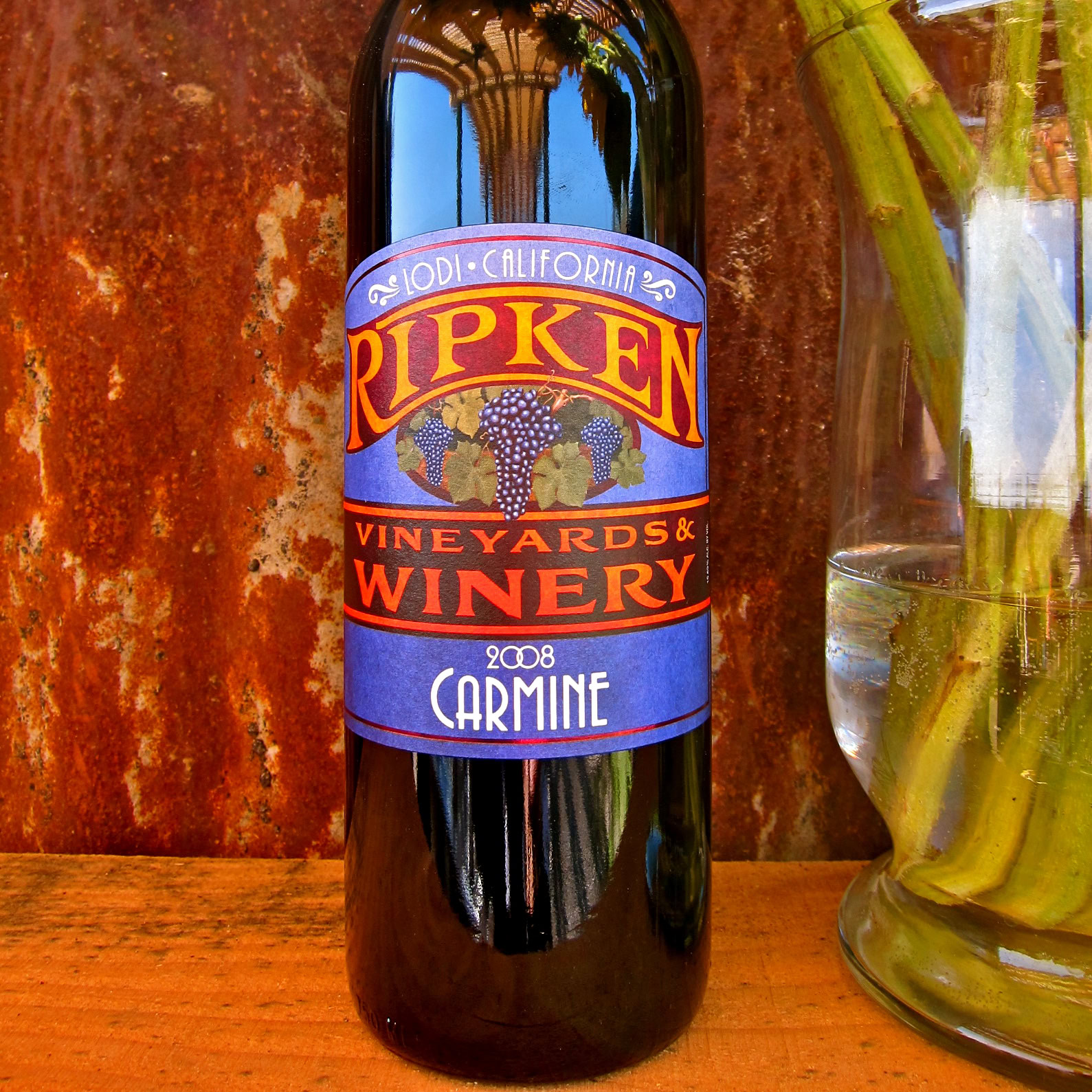 Bottle of 2008 Carmine wine from Lodi Winegrape Commission with vineyard label.