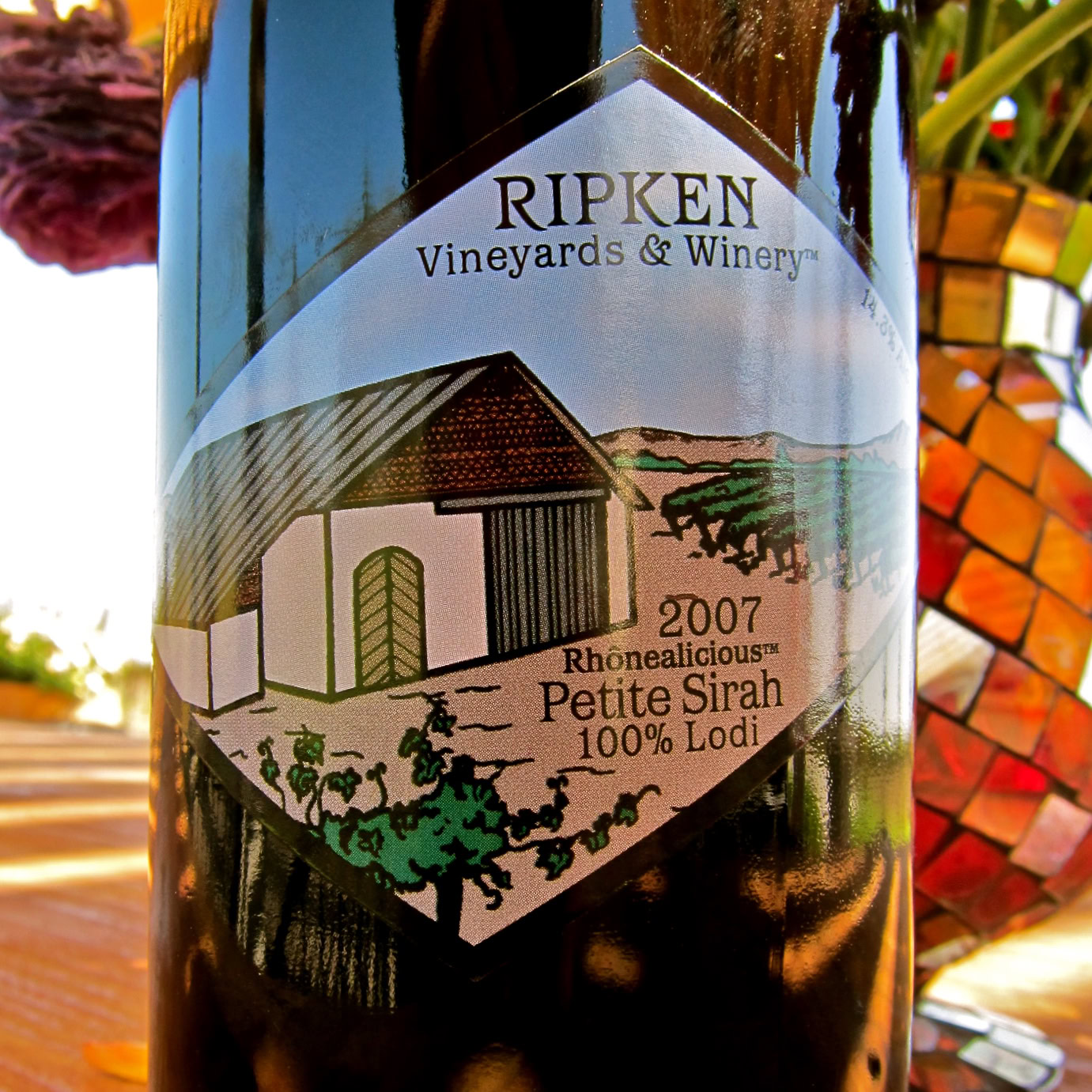 Lodi Petite Sirah 2007 wine bottle label from Ripken Vineyards & Winery, showcasing vineyard illustration and vintage details.
