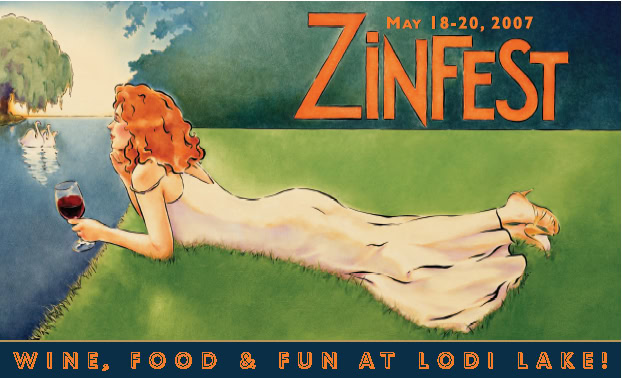 A woman with red hair lying on grass by a lake, holding a glass of red wine, promoting ZinFest wine event.