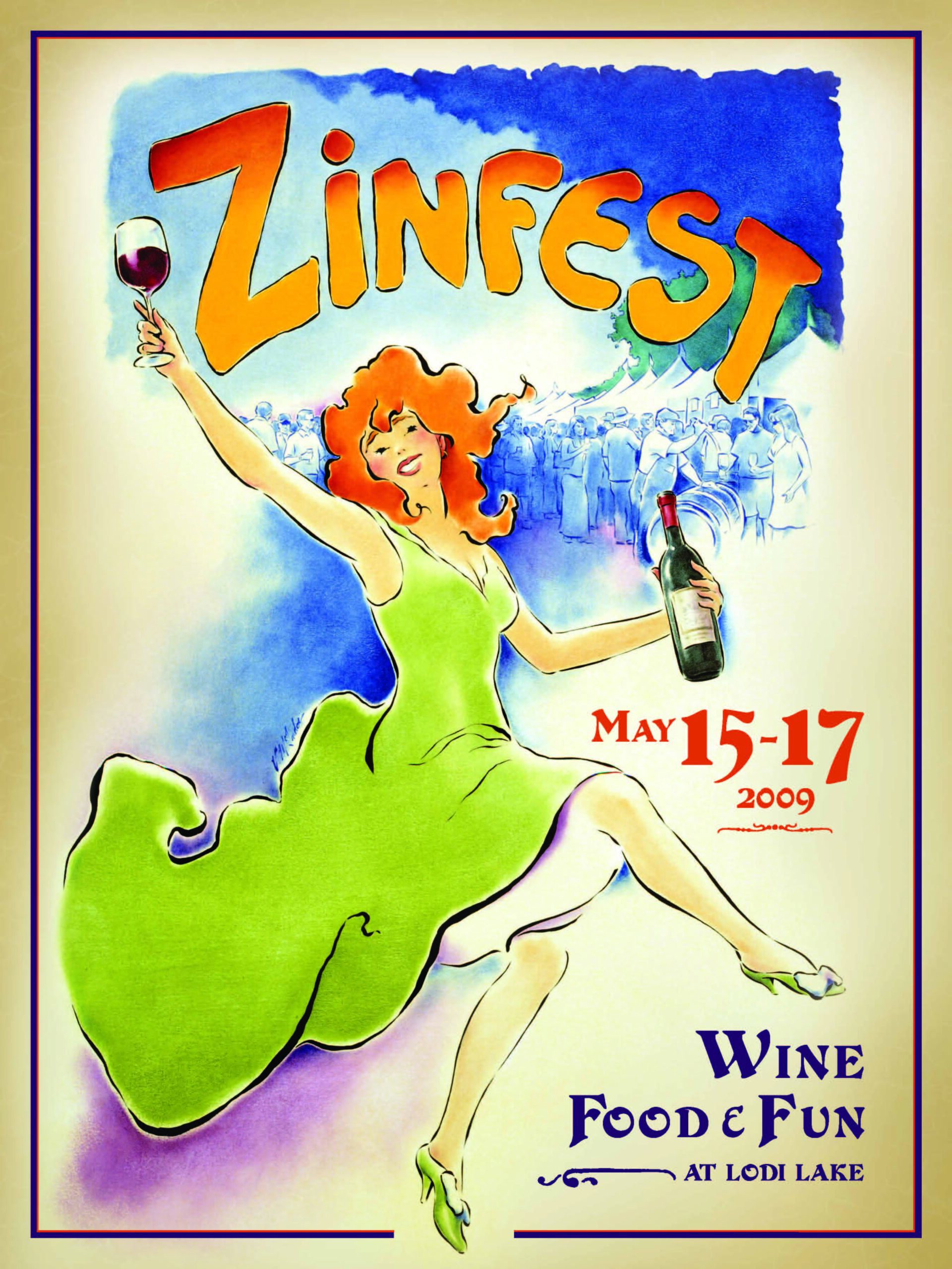Colorful poster for Zinfest wine festival at Lodi Lake, featuring a woman with a glass of wine and a bottle, May 15-17, 2009.