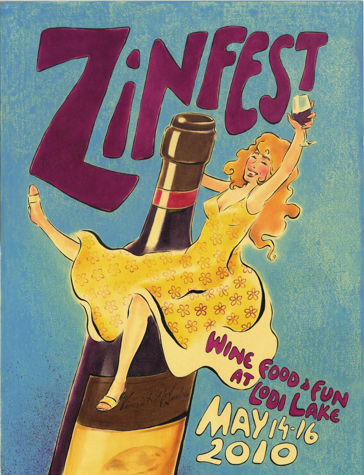 Vintage poster for Zinfest wine festival at Lodi Lake, featuring a dancing woman and a wine bottle, held May 14-16, 2010.