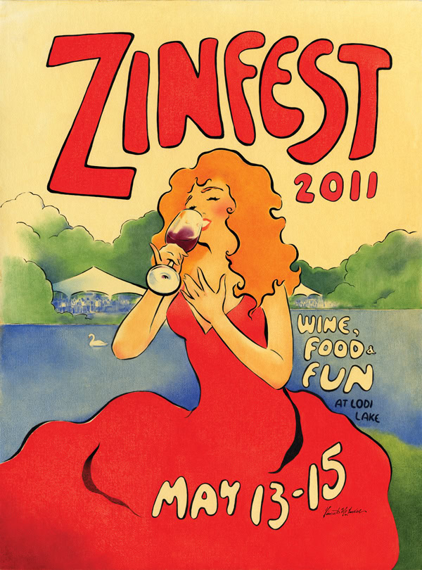 Colorful poster for Zinfest 2011 featuring a woman drinking wine by Lodi Lake.