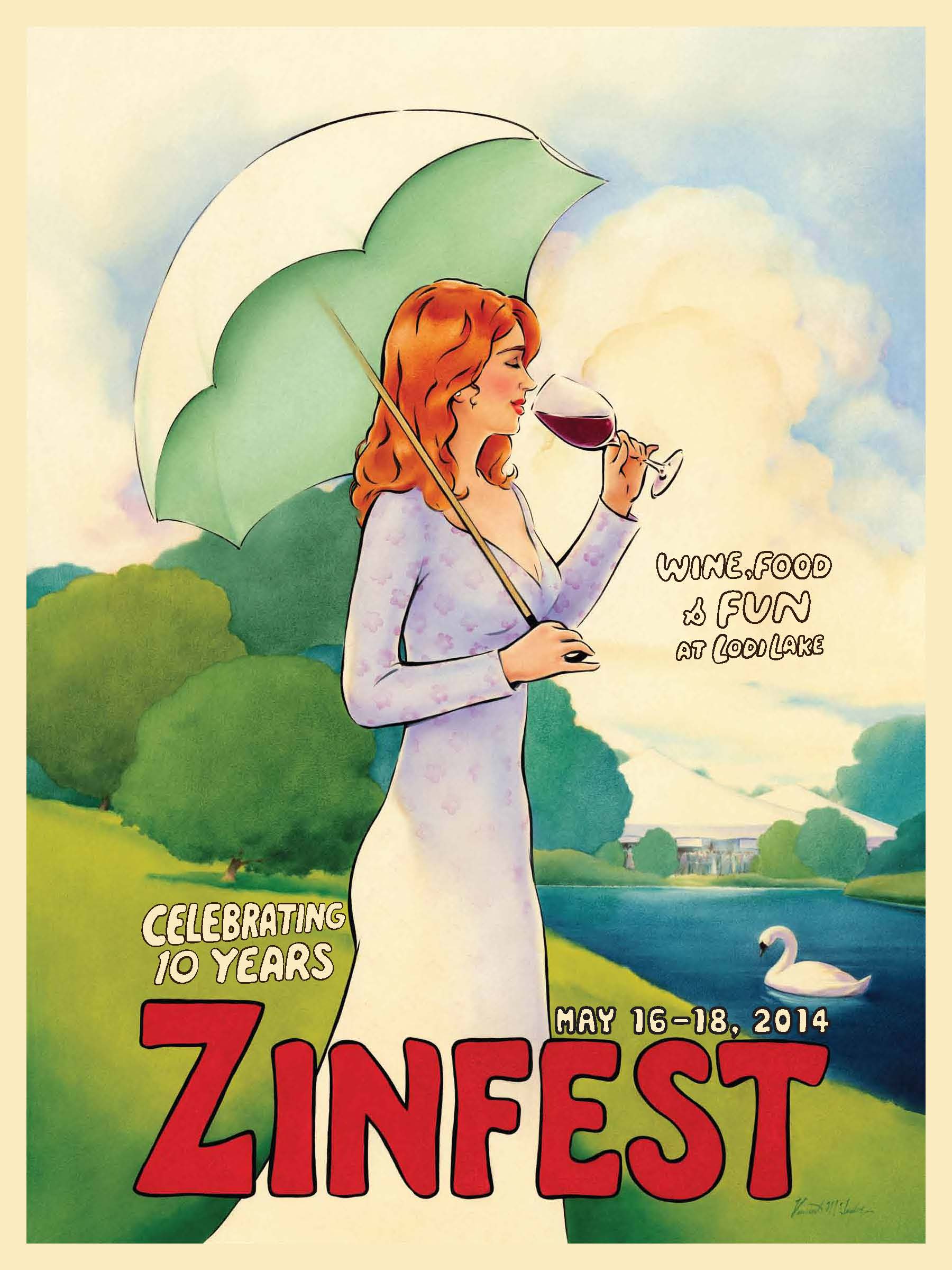 Illustration of a woman with red hair holding a glass of wine and an umbrella, celebrating Zinfest 2014 in Lodi, California.