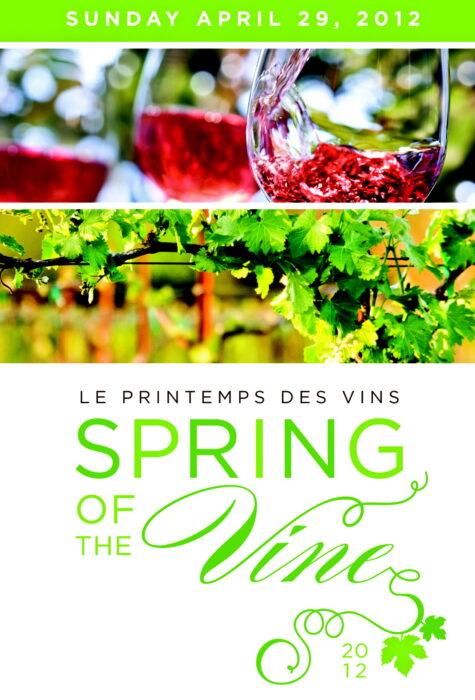 Vineyard with lush green grapevines and wine glasses with red wine, promoting Spring of the Wine event in Lodi, California.