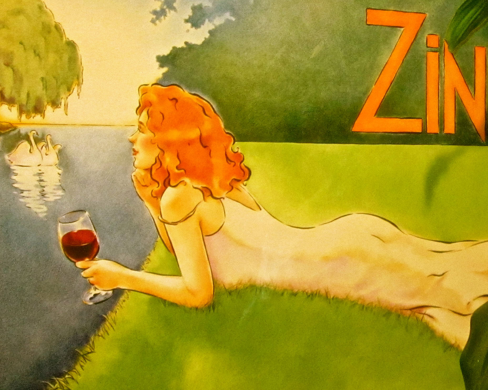 Illustration of a woman with red hair relaxing by a lake with a glass of wine, promoting Lodi wine region.
