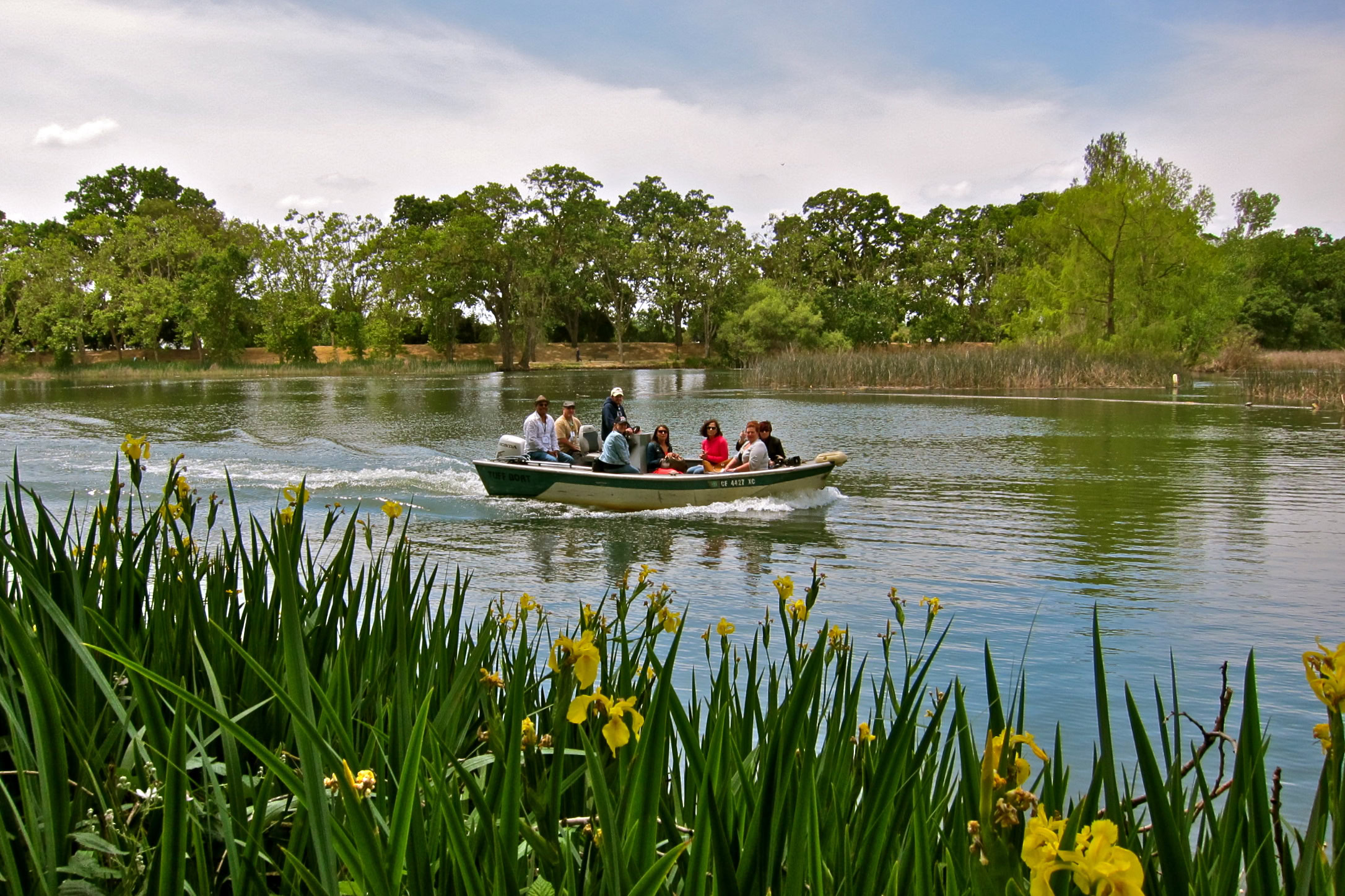 People riding a boat on a river surrounded by lush green trees and yellow flowers in Lodi, California.