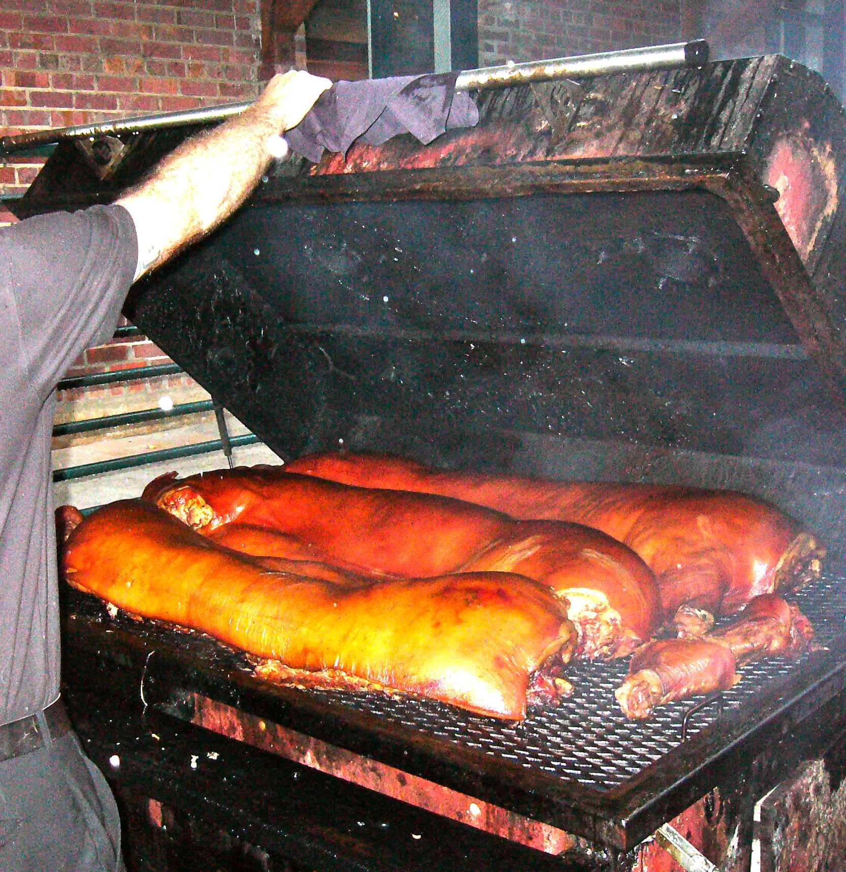 Barbecue pork ribs cooking on a grill, with a person adjusting the lid, outdoor setting.