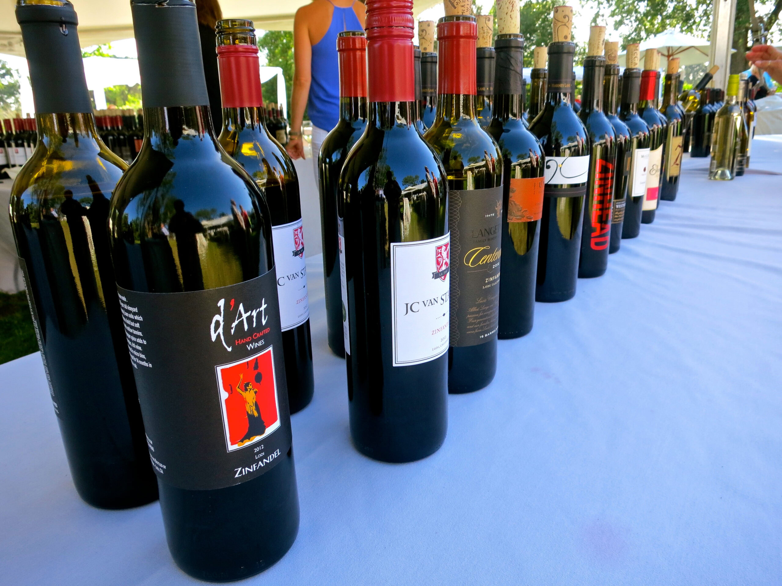 Lineup of wine bottles from Lodi Winegrape Commission showcasing local wine varieties.
