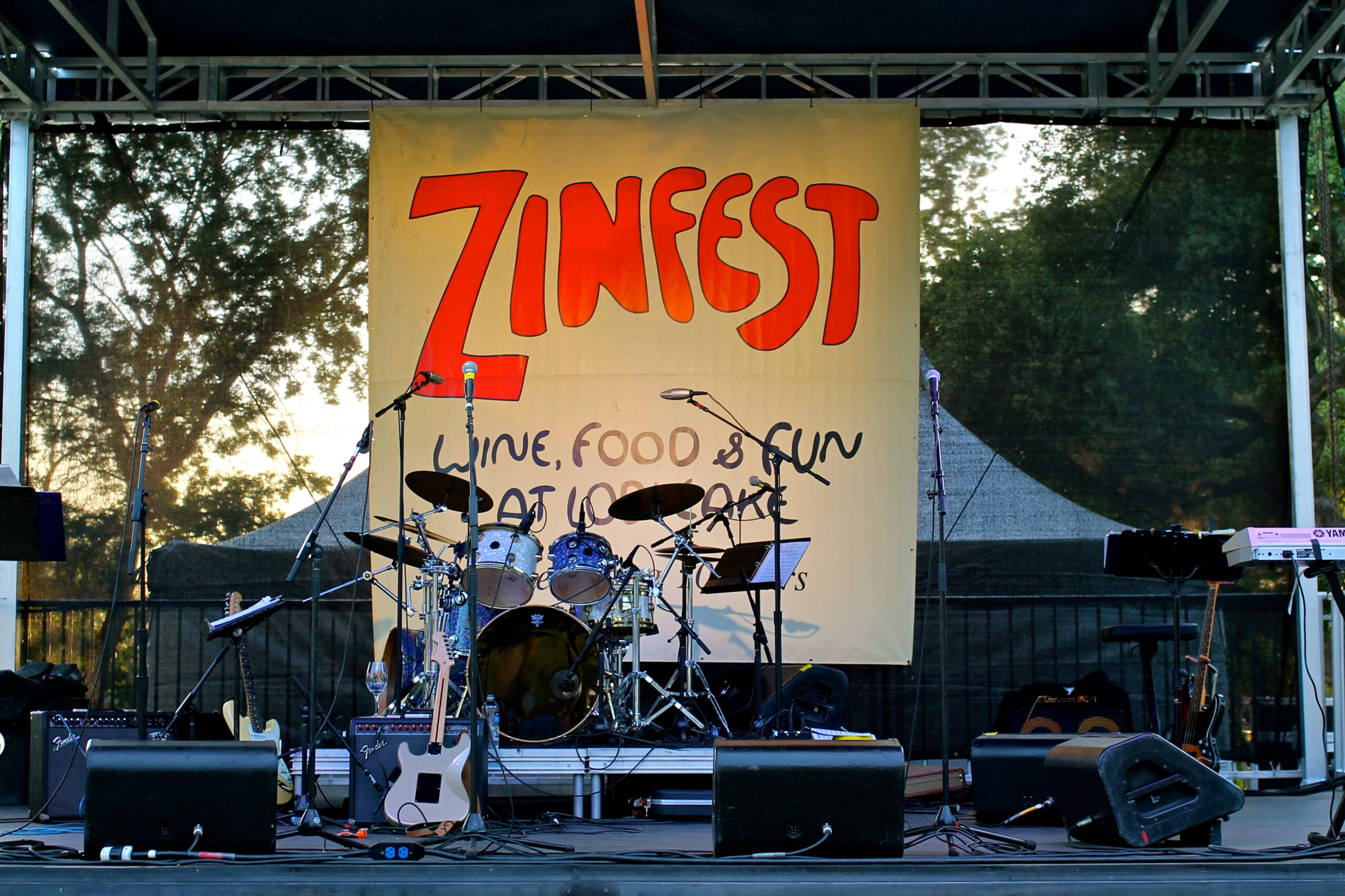 Stage setup with musical instruments at Zinfest, a wine, food, and music festival in Lodi, California.