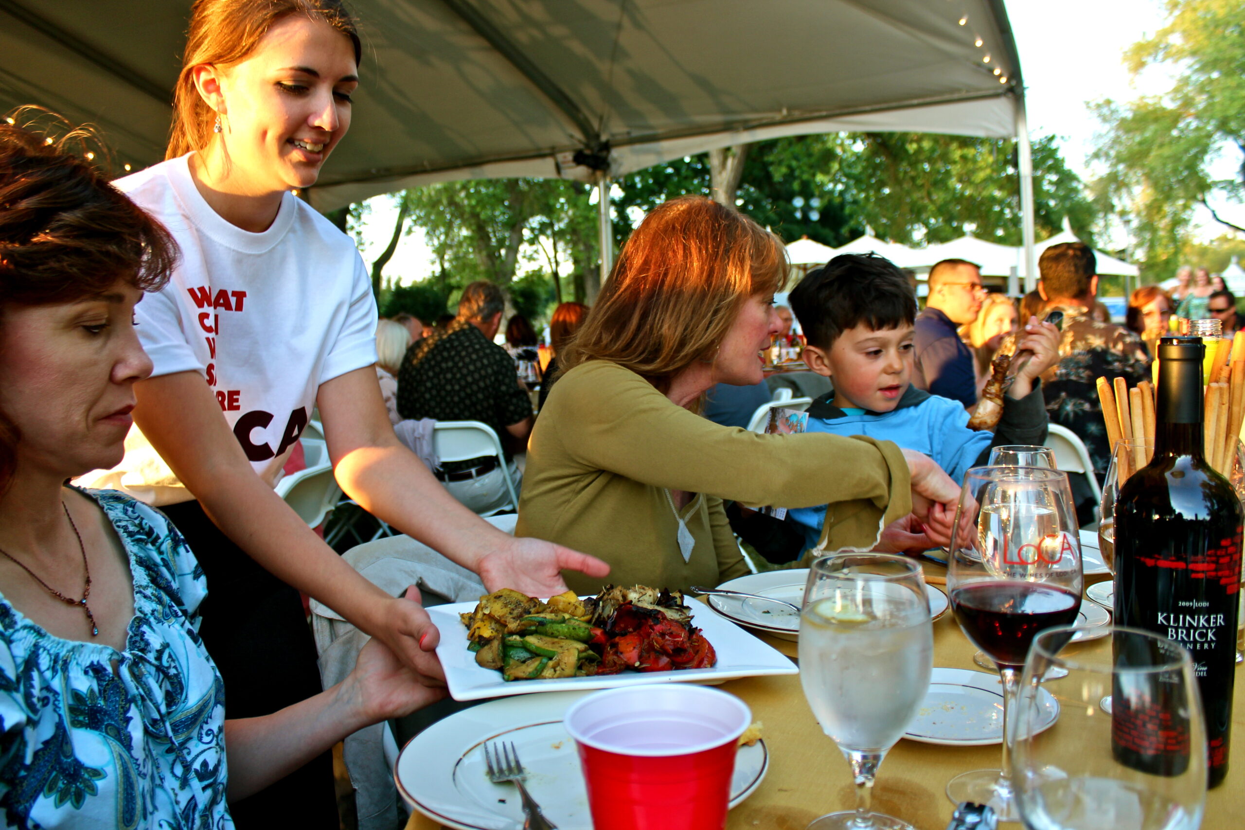 People enjoying wine and food at an outdoor event, showcasing Lodi wine culture and community.