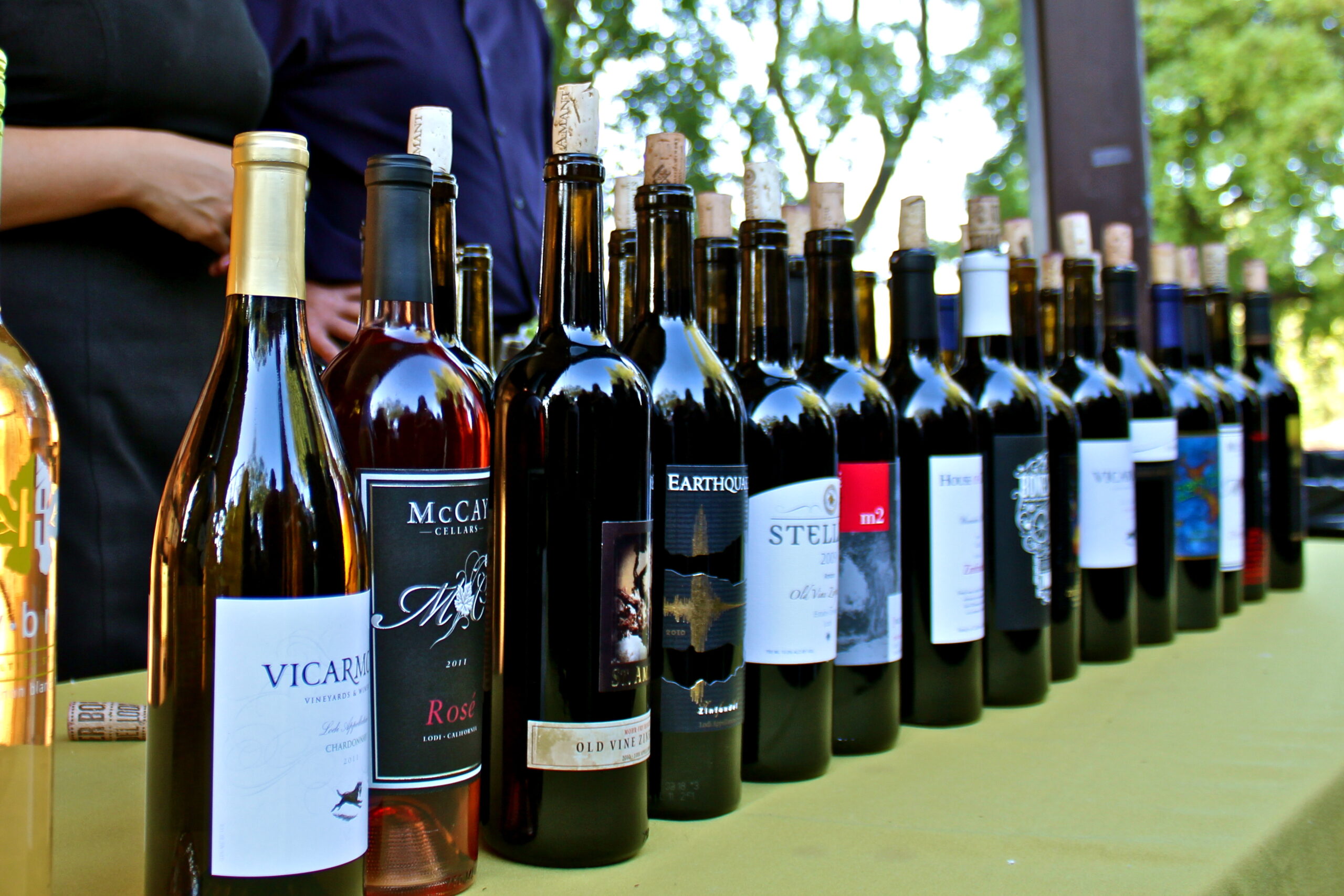 Selection of Lodi wines displayed on a table during a wine tasting event in Lodi, California.