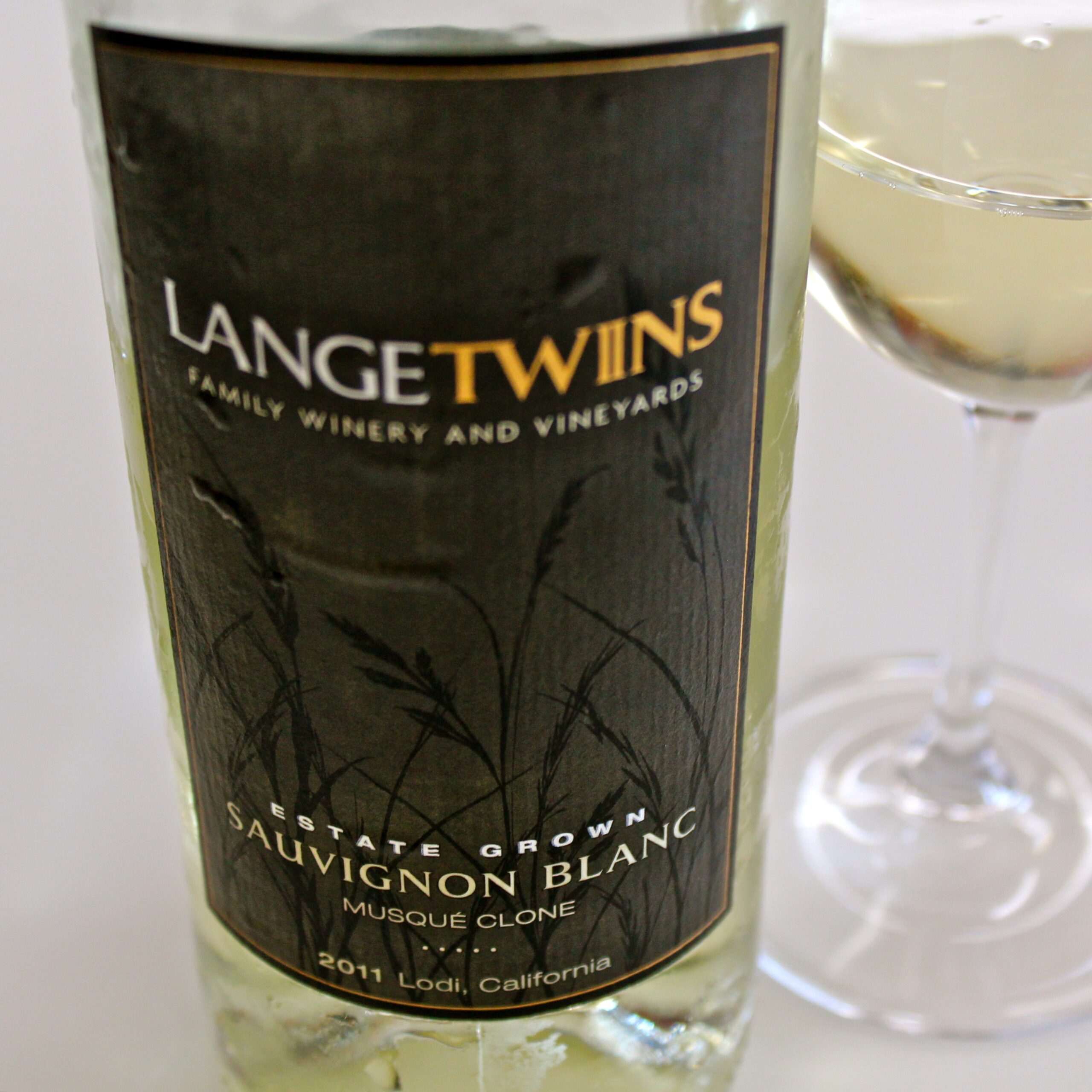 Lodi wine bottle from Lange Twins Family Winery with Sauvignon Blanc label, 2011 vintage, California.