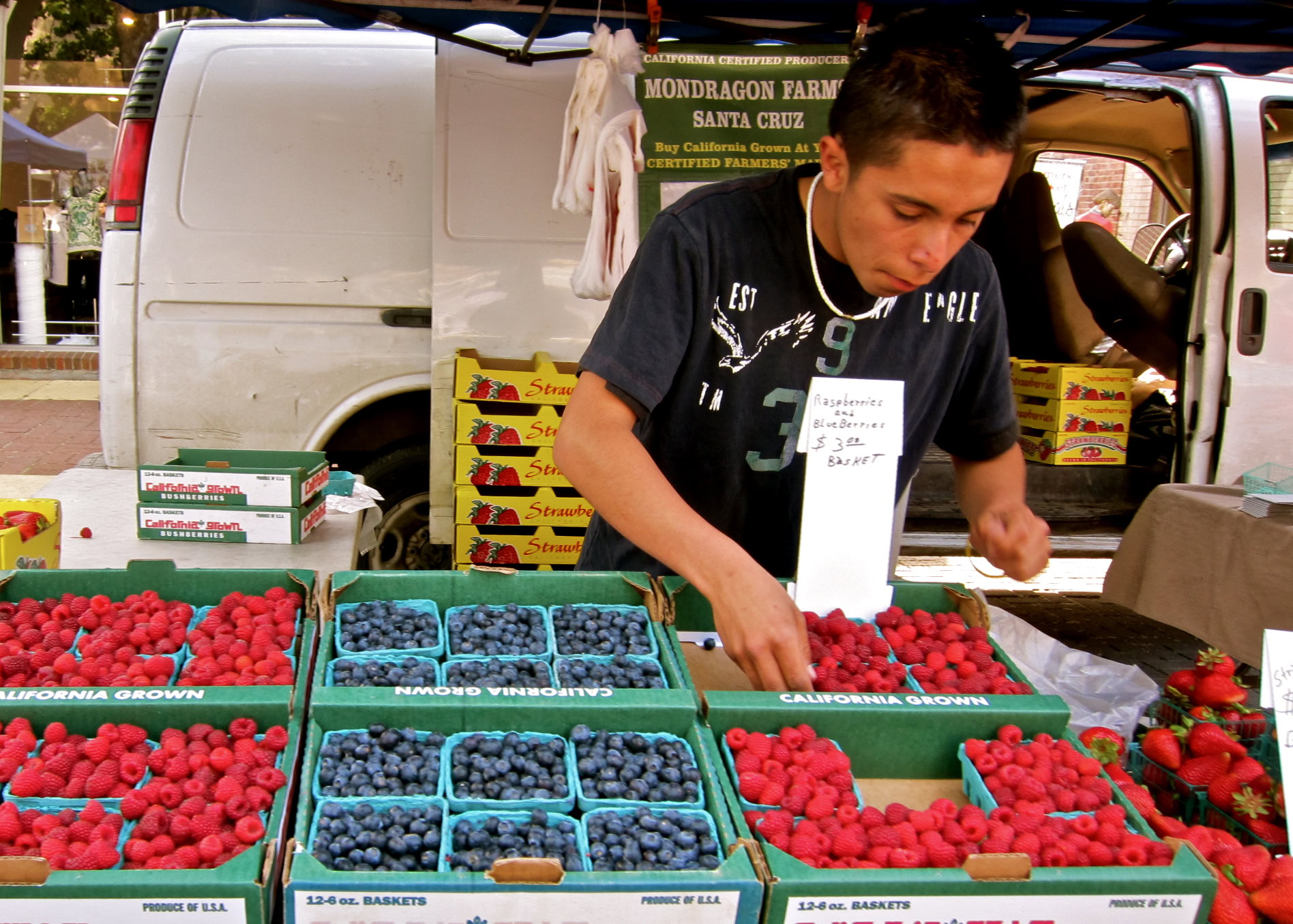 Young vendor at Lodi farmers market selling fresh berries and grapes.