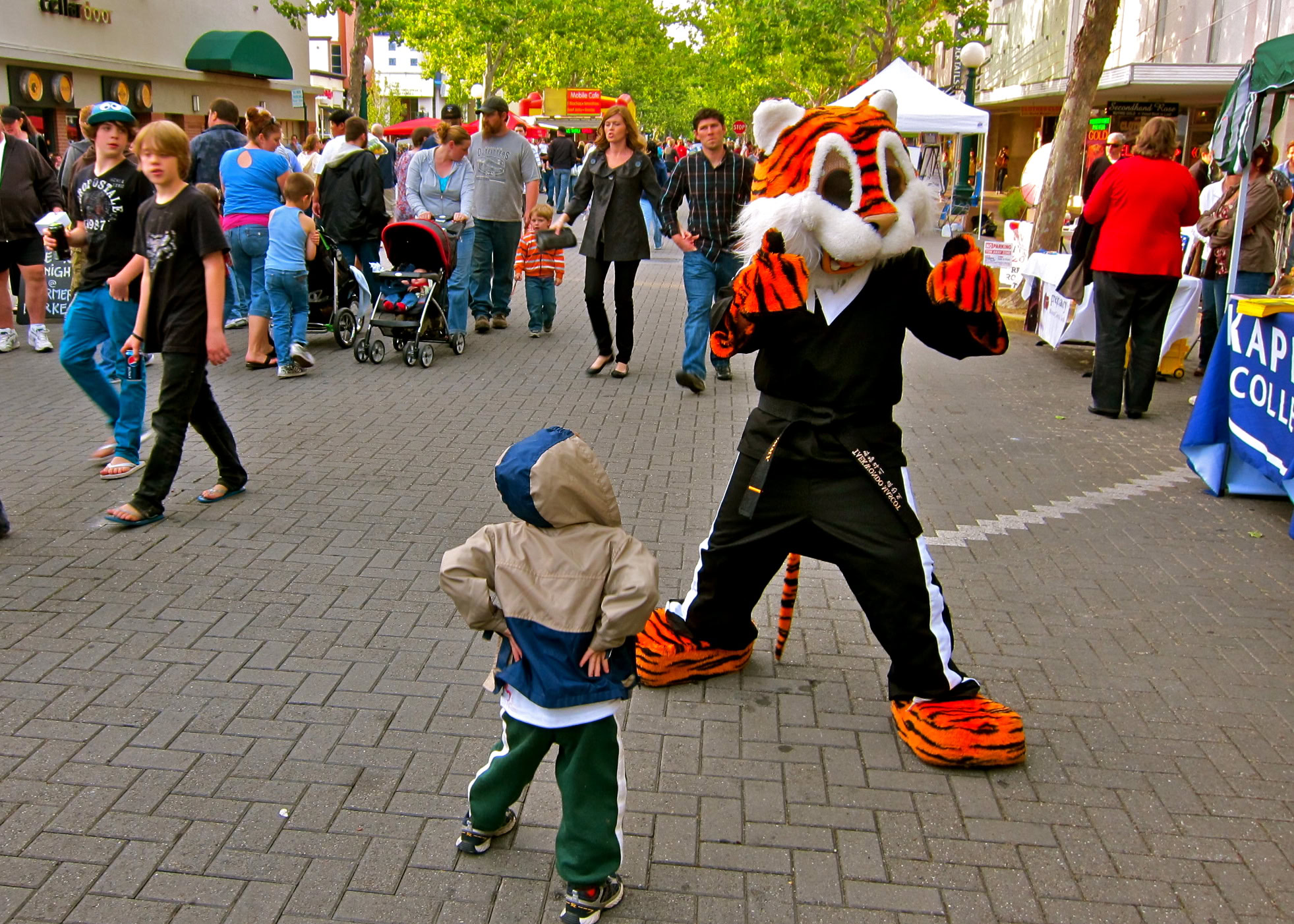Child meeting a tiger mascot at a lively outdoor event in Lodi, California.