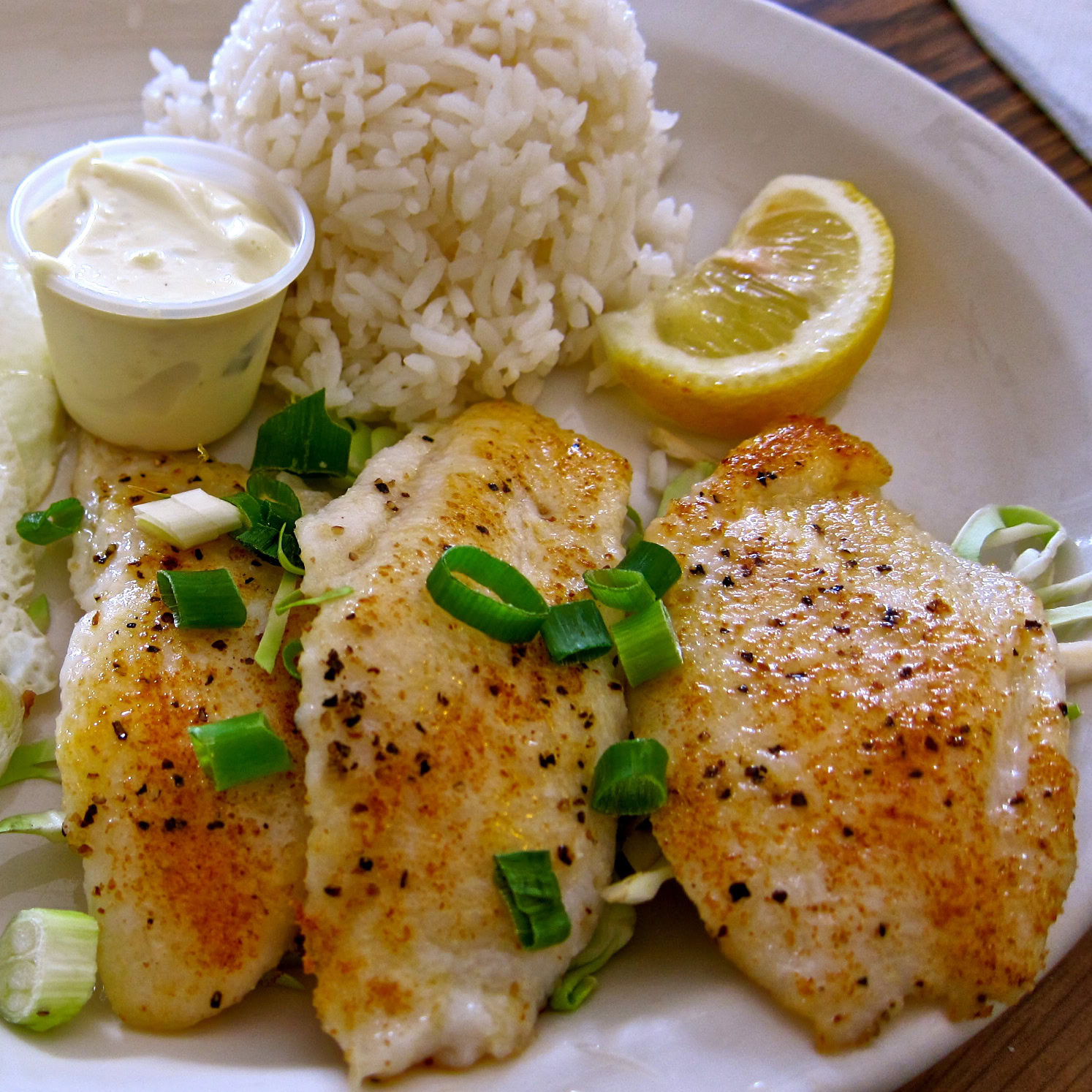 Freshly cooked fish with rice, lemon, and green onions on a white plate.