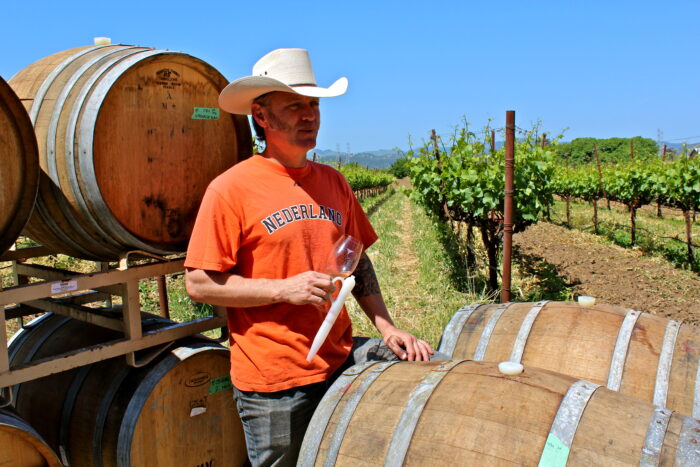 Vineyard worker in Lodi, California, inspecting wine grapes during harvest with barrels and grapevines in background.