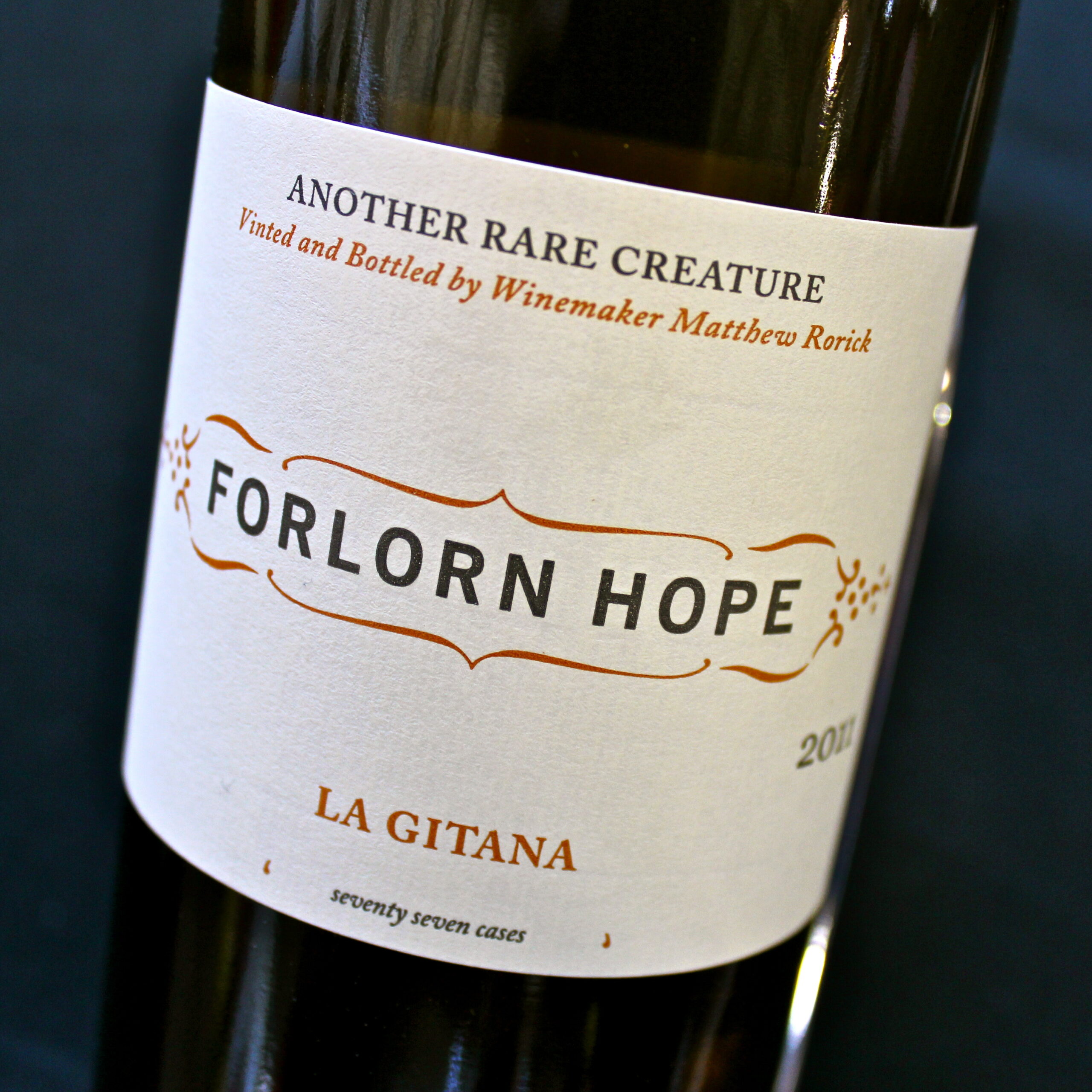 Close-up of a wine bottle label from Lodi Winegrape Commission, featuring Forlorn Hope La Gitana vintage 2017.