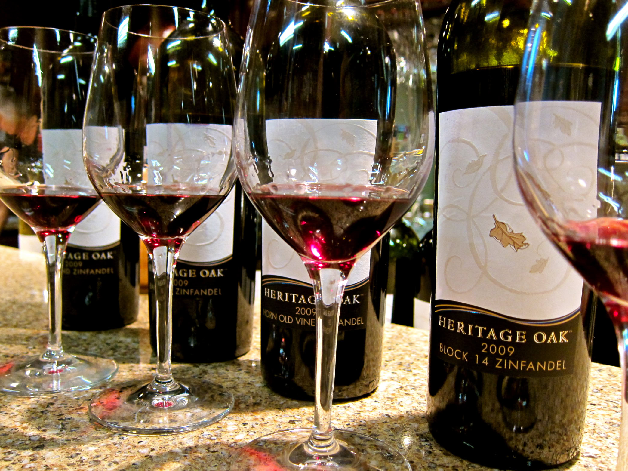 Wine bottles from Heritage Oak Zinfandel collection at Lodi Winegrape Commission event.