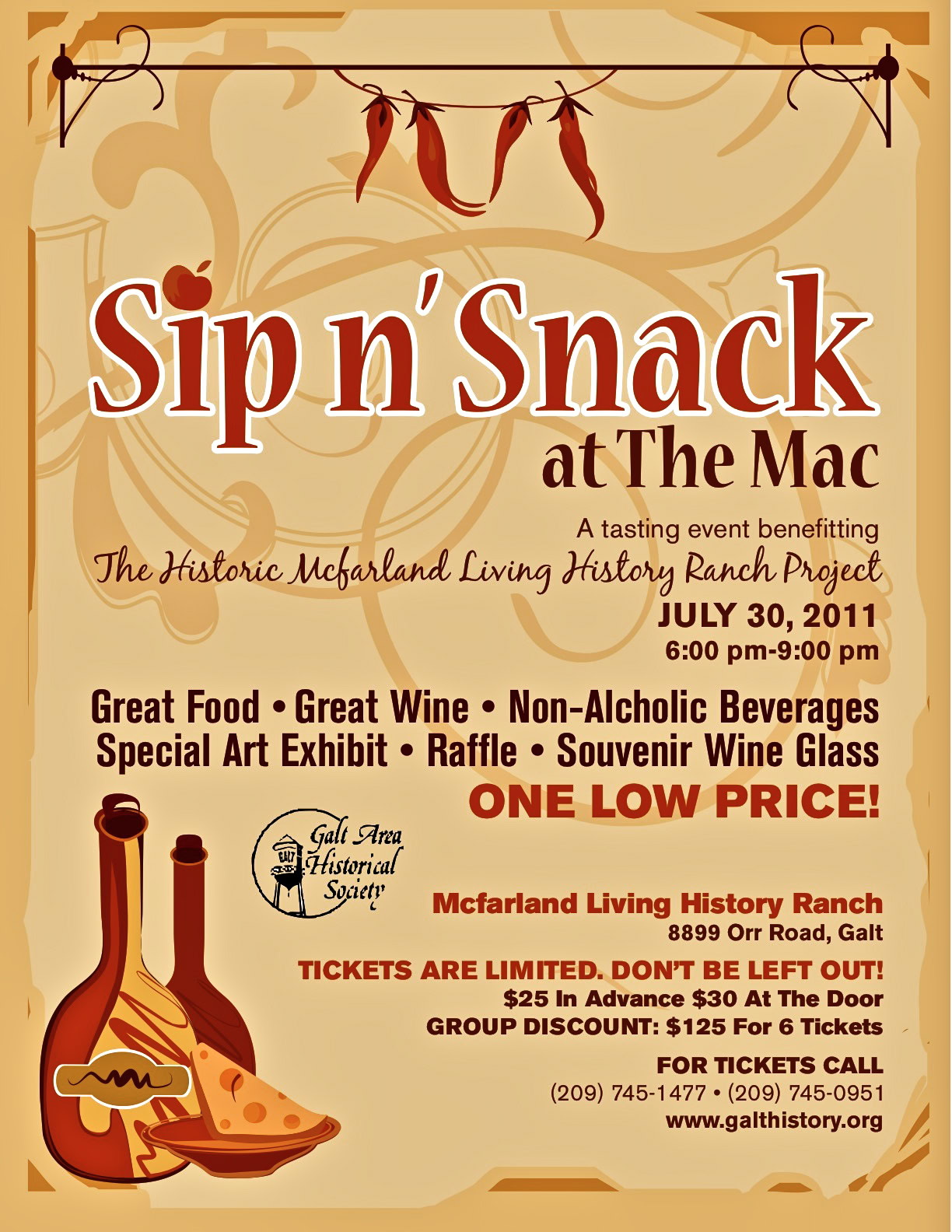 Event poster for Sip n'Snack at The Mac, featuring wine, food, and art in Lodi, California, July 30, 2011.
