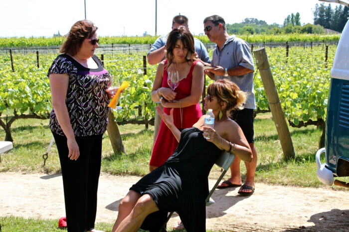 Group of people touring a vineyard with grapevines in Lodi, California, during daytime.