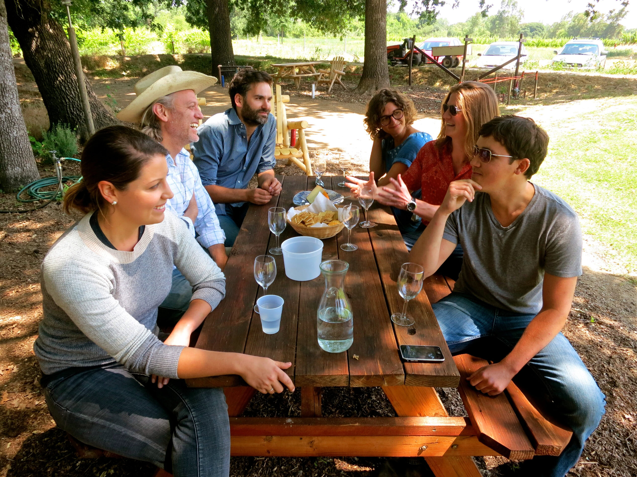 Group of people enjoying outdoor wine tasting at a wooden picnic table in Lodi, California.