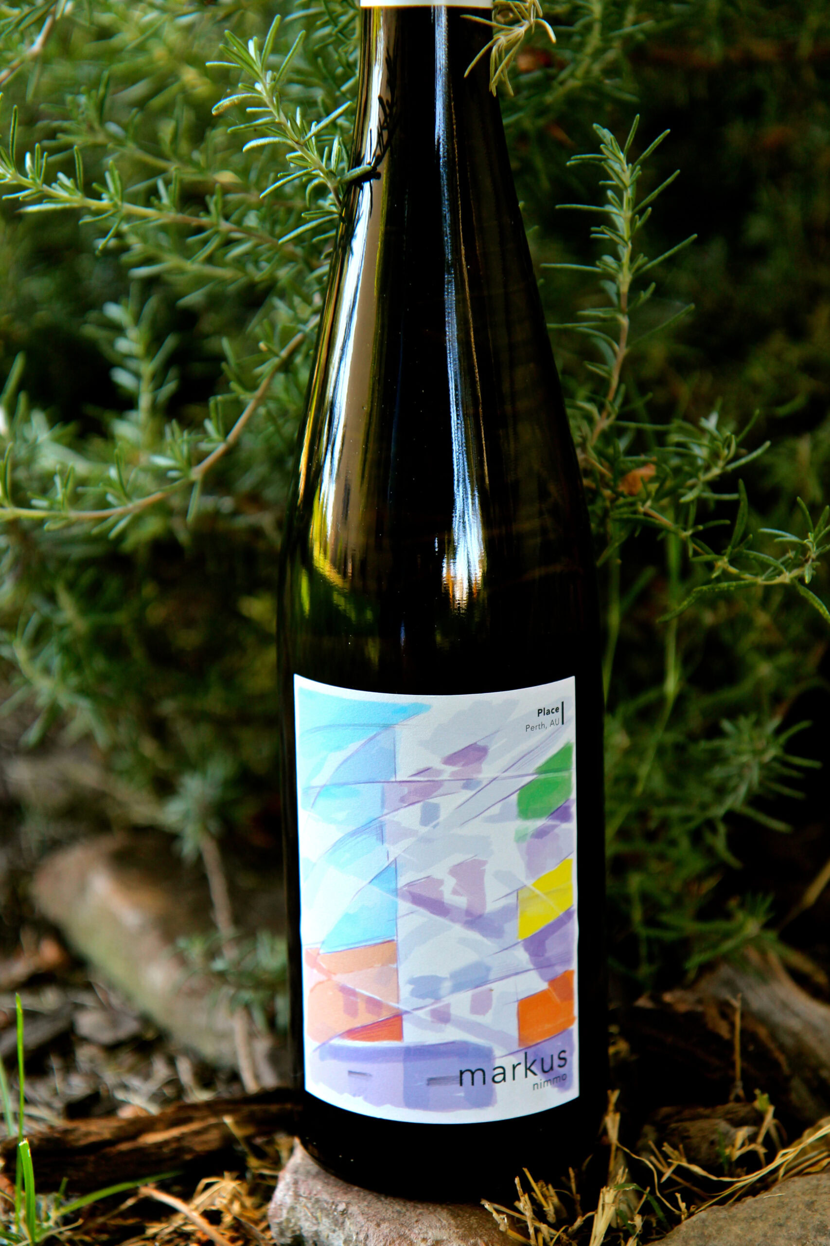 Wine bottle with colorful label in vineyard setting, promoting Lodi winegrapes and local wine industry.