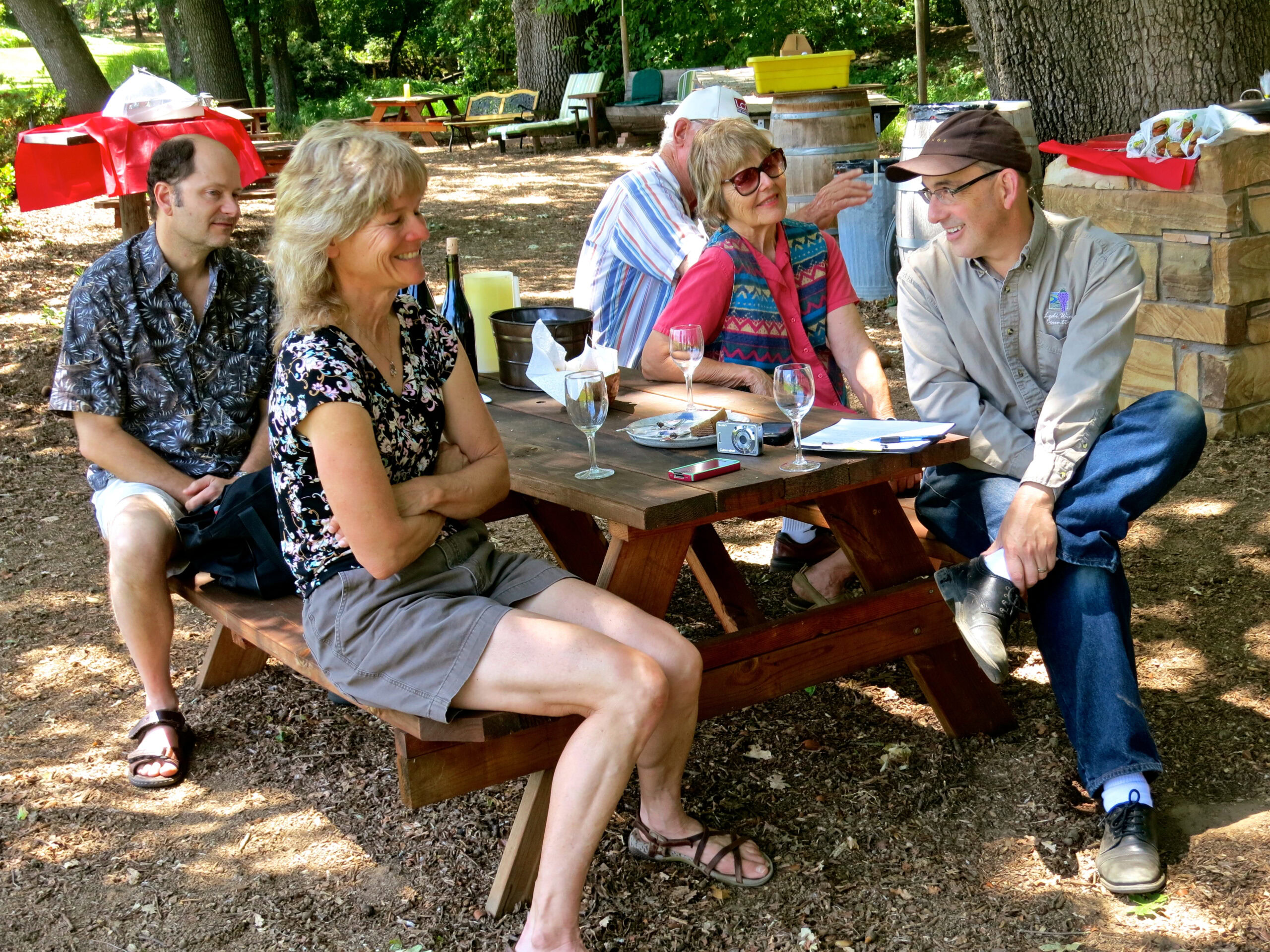 Group of people enjoying a picnic outdoors with wine and food at a Lodi vineyard event.