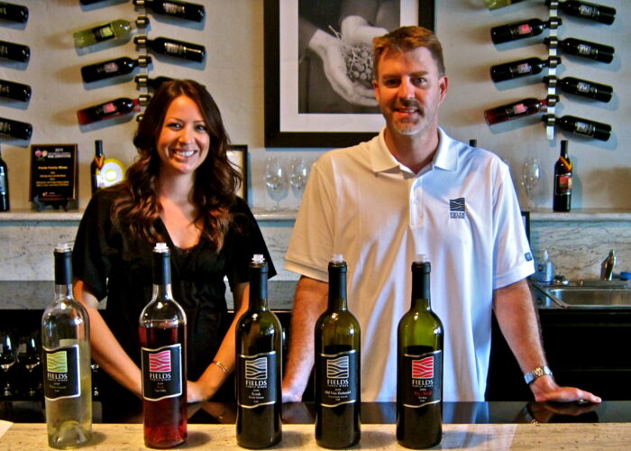 Two wine experts showcasing a selection of Lodi wines at a tasting event.