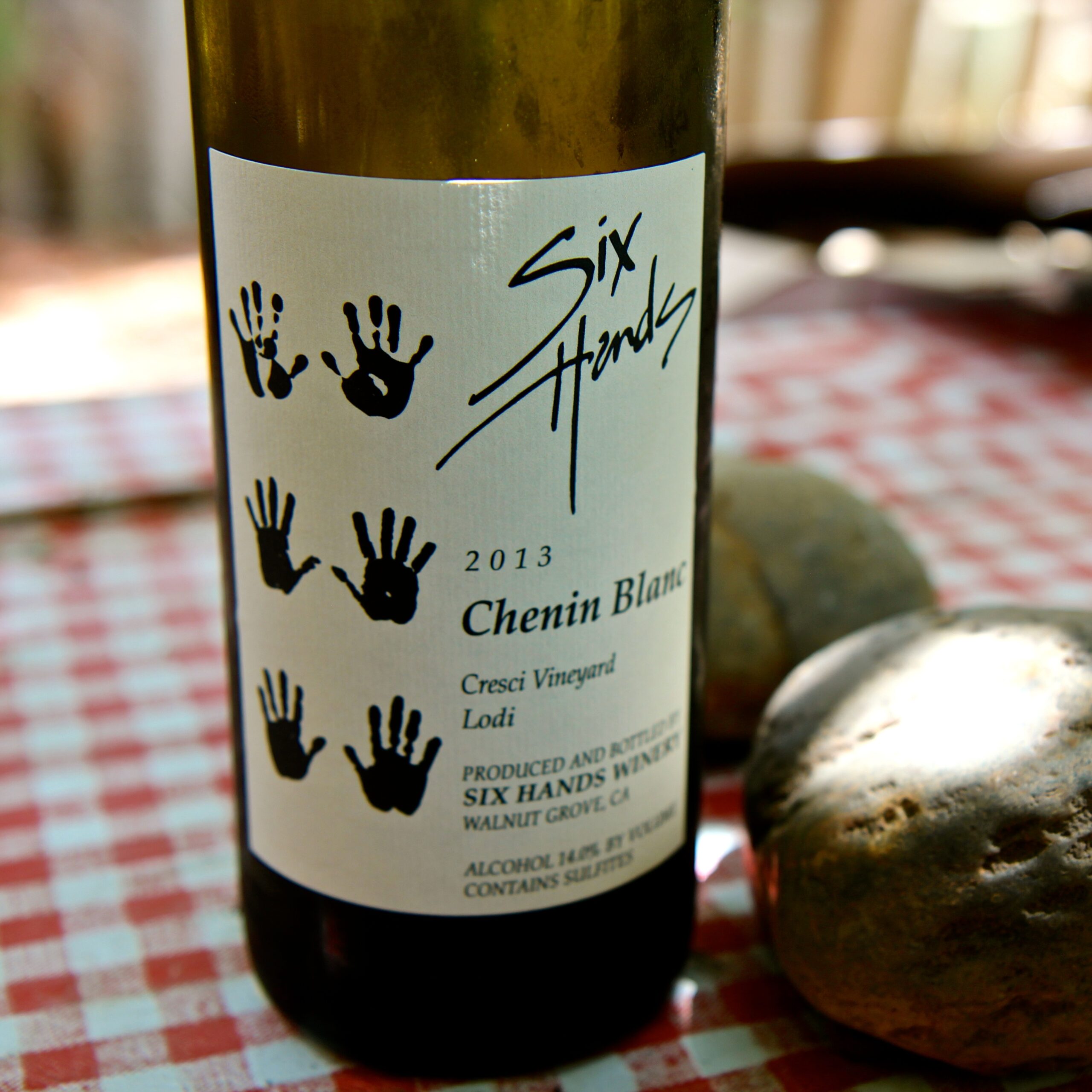Close-up of Six Hands 2013 Chenin Blanc wine bottle from Lodi Winegrape Commission.