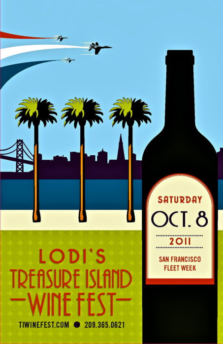 Promotional poster for Lodi's Treasure Island Wine Fest with palm trees, San Francisco skyline, and a wine bottle.