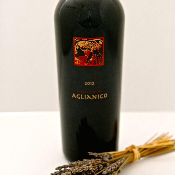 2012 Aglianico wine bottle from Lodi Winegrape Commission with a bundle of lavender.