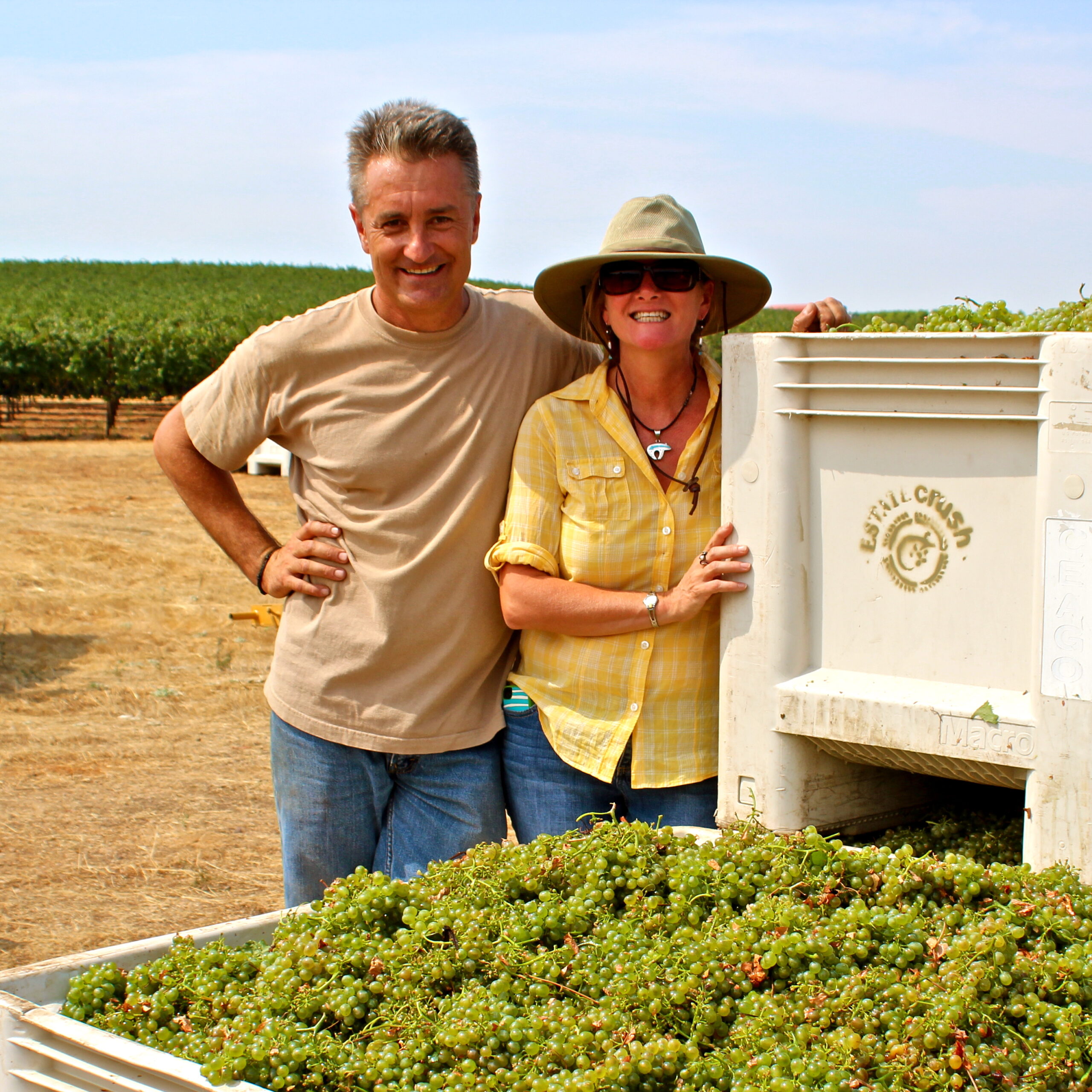 Two people in a vineyard with a crate of harvested grapes, smiling at the camera.
