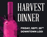 Promotional poster for Lodi Winegrape Commission harvest dinner event on September 26 in Downtown Lodi.
