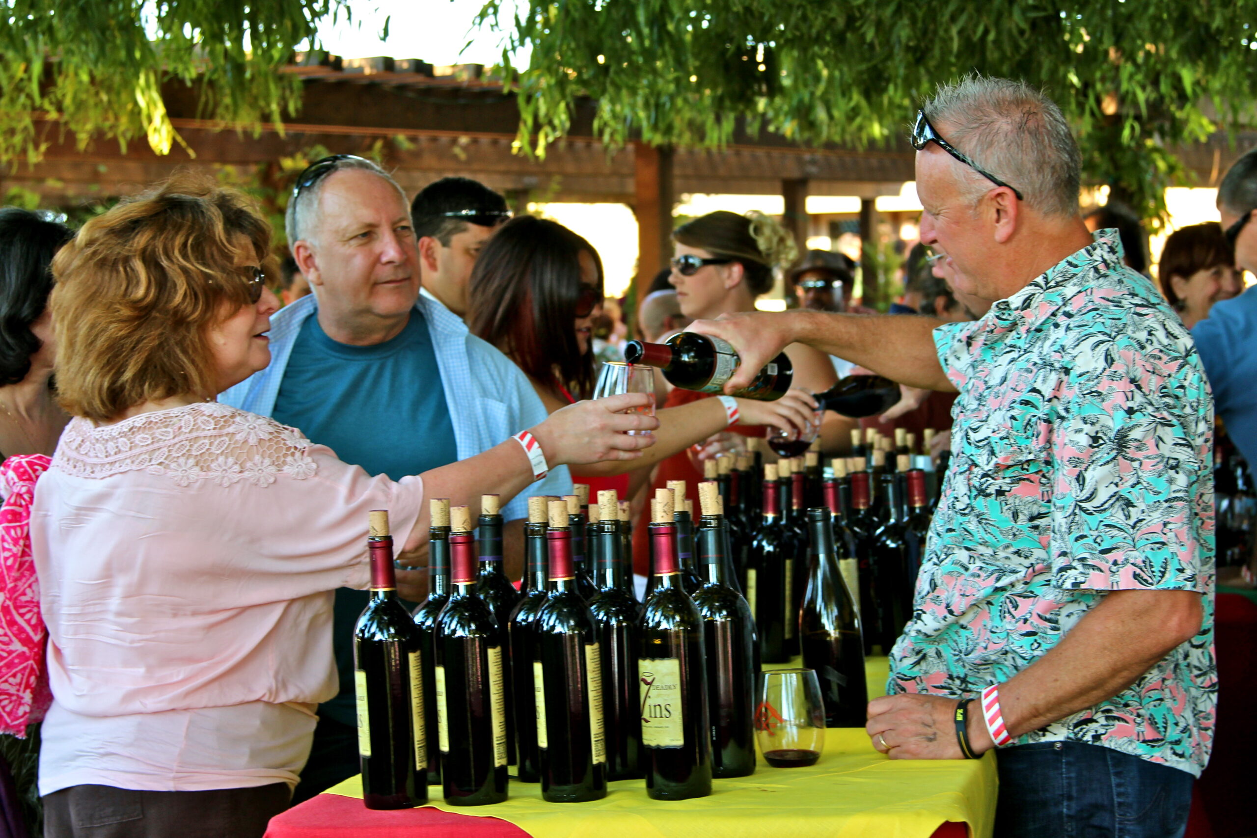 People enjoying wine tasting at a Lodi wine event with bottles on display.